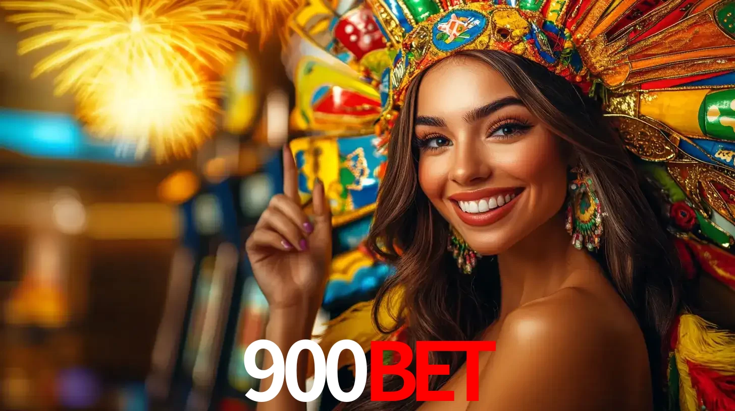Mulher sorridente com um cocar de carnaval vibrante e colorido, celebrando uma grande vitória nos jogos do cassino 900BET com fogos de artifício ao fundo.