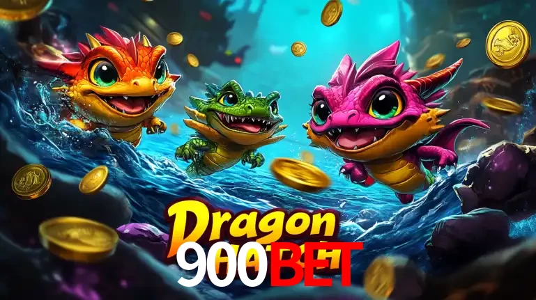 Arte promocional do jogo Dragon Hatch com três adoráveis dragões bebês nadando entre moedas de ouro, um dos slots mais divertidos para jogar no cassino 900BET.