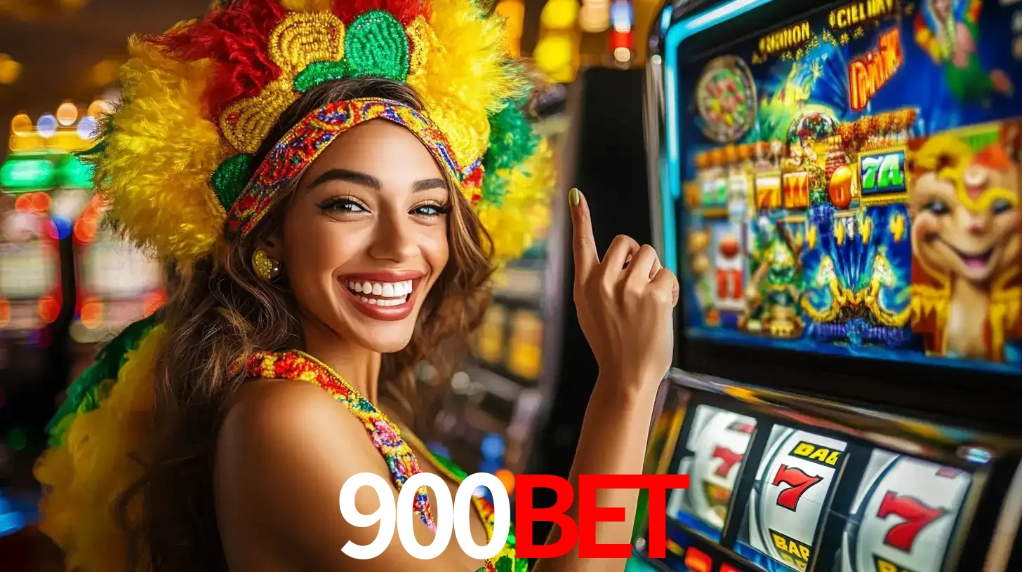 Mulher animada com um cocar de carnaval apontando para uma máquina de caça-níqueis, mostrando a emoção de ganhar um grande prêmio nos jogos do 900BET.