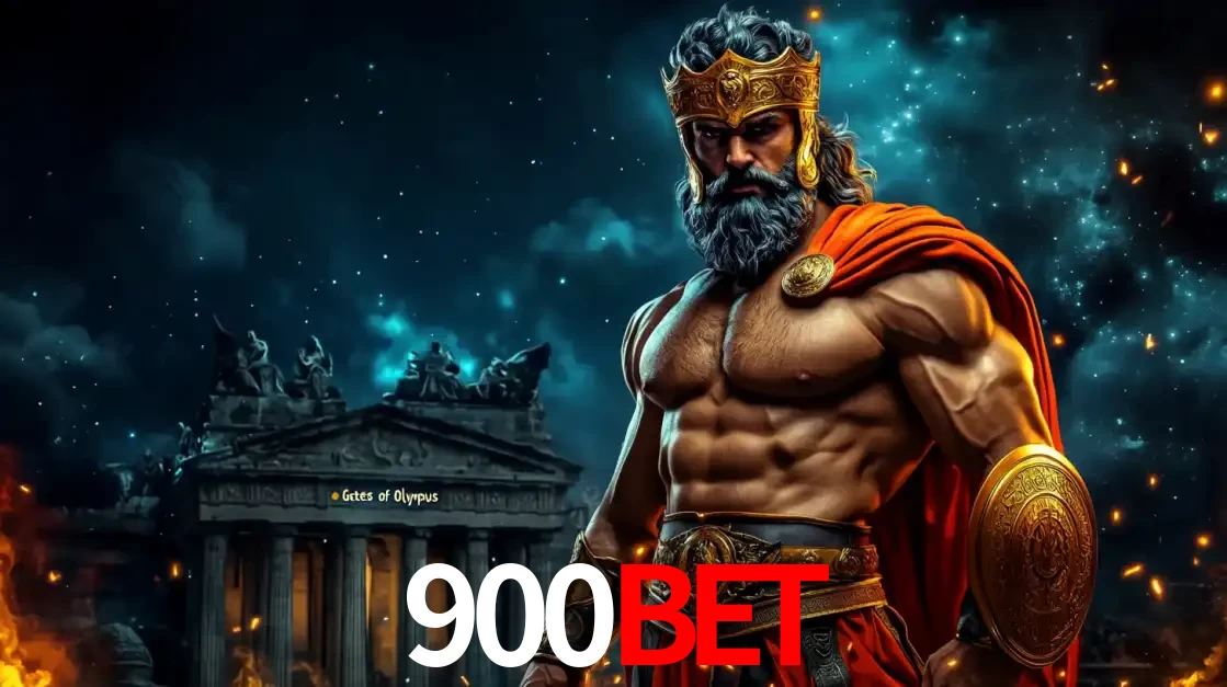 O poderoso Zeus do jogo de slot Gates of Olympus em frente ao seu templo, pronto para lançar multiplicadores divinos e prêmios épicos no cassino online 900BET.