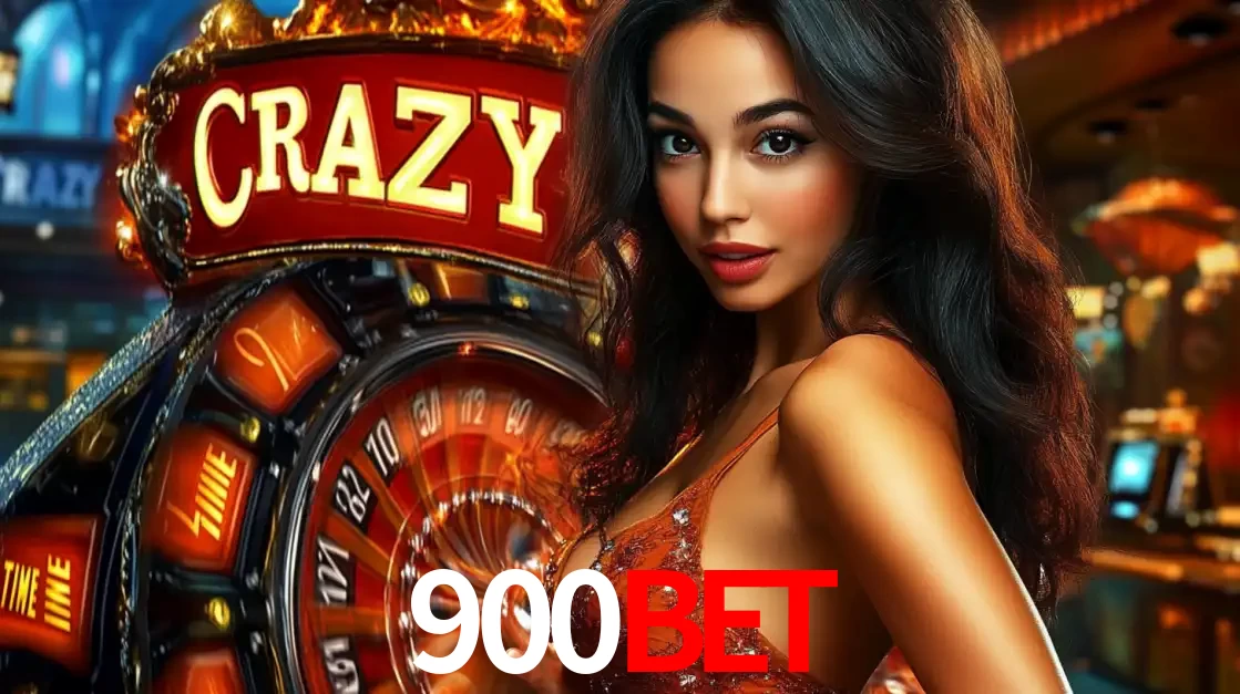 Mulher glamourosa olhando para a câmera com a roda vermelha do Crazy Time ao fundo em um ambiente de cassino, destacando a emoção dos jogos ao vivo no 900BET.