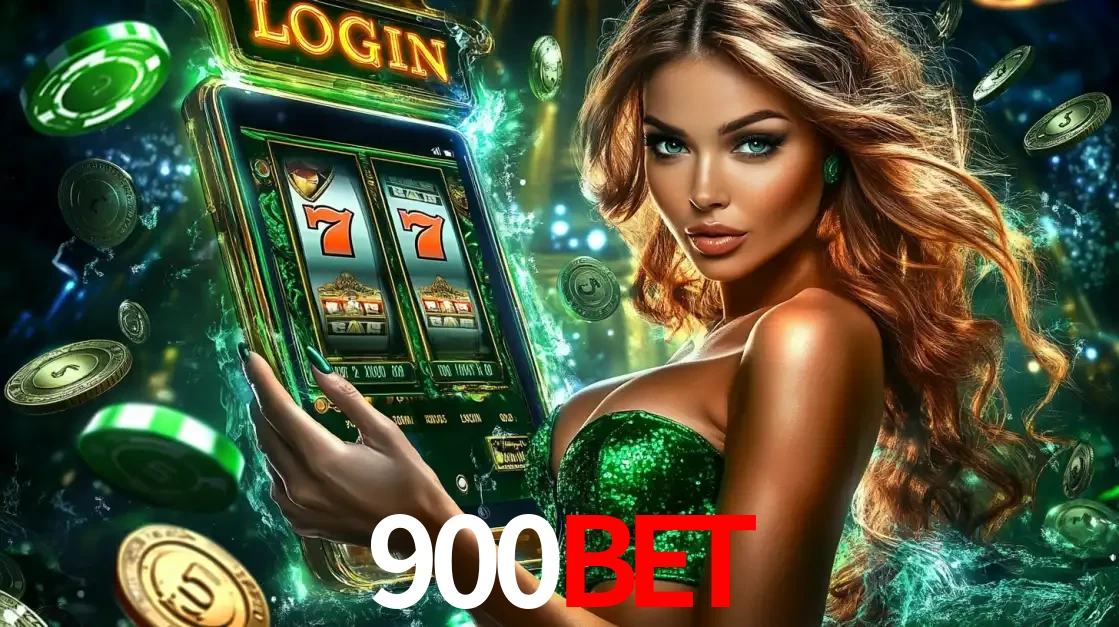 Mulher com tema verde apresentando o aplicativo do cassino 900BET com um jogo de slot de 777, cercada por fichas de cassino e uma aura de sorte.