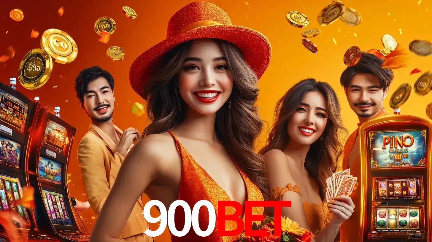 Grupo de amigos asiáticos sorrindo e se divertindo com máquinas de caça-níqueis em um ambiente festivo, celebrando suas vitórias nos jogos de cassino do 900BET.