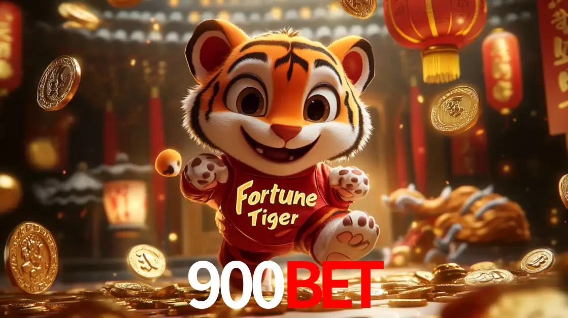 O alegre personagem do Fortune Tiger correndo sobre um caminho de moedas de ouro, simbolizando os grandes prêmios e a diversão do popular jogo de slot do 900BET.