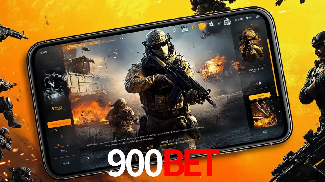 Um smartphone exibindo a interface de um jogo de tiro em primeira pessoa, com um soldado em um cenário de batalha, representando a ação dos e-sports para apostar no 900BET.