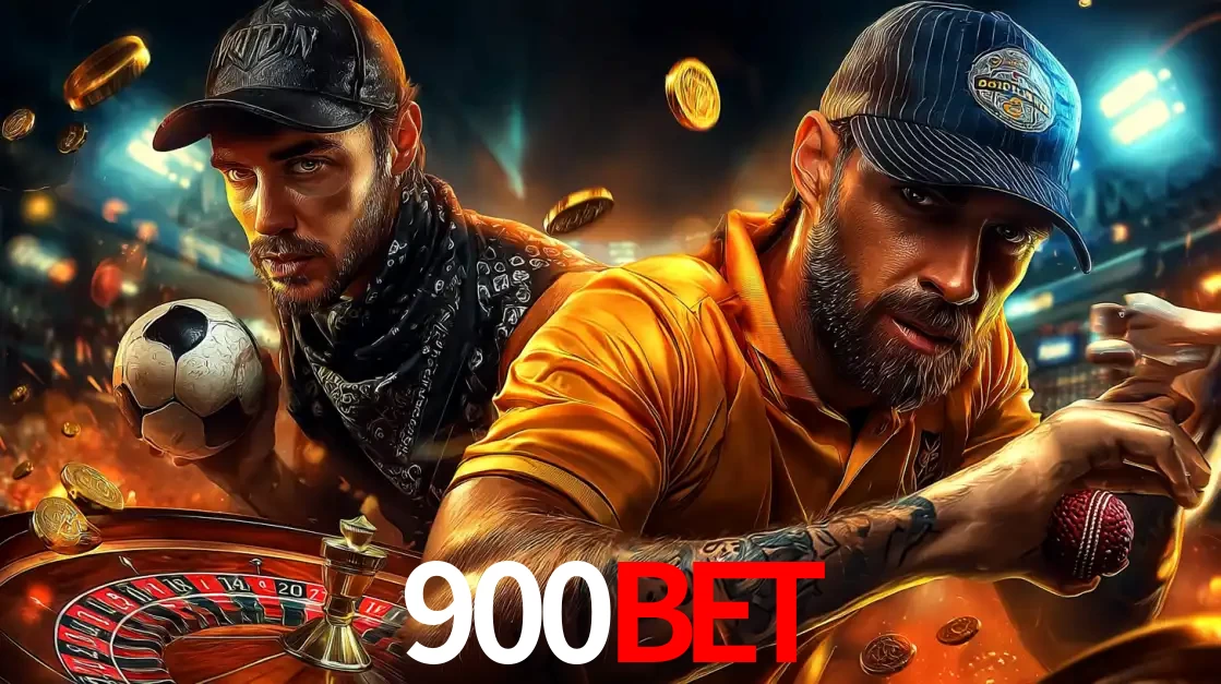 Montagem de apostas esportivas e cassino no 900BET, com um homem segurando uma bola de futebol e outro uma de beisebol sobre uma roleta e moedas voadoras.