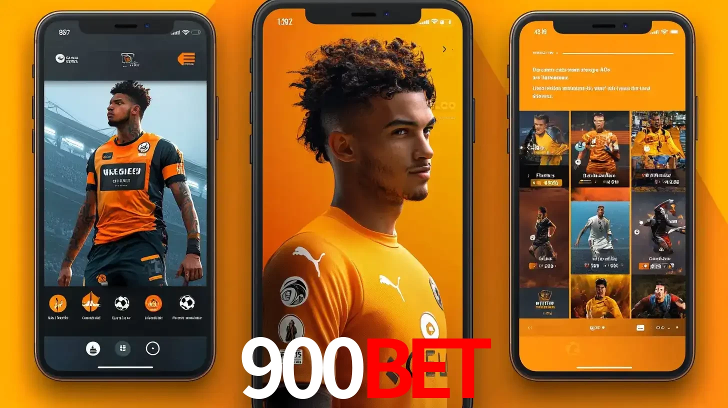 Interface do aplicativo de apostas esportivas 900BET em três telas de celular, mostrando o perfil de um jogador de futebol e a lista de jogos disponíveis para apostar.