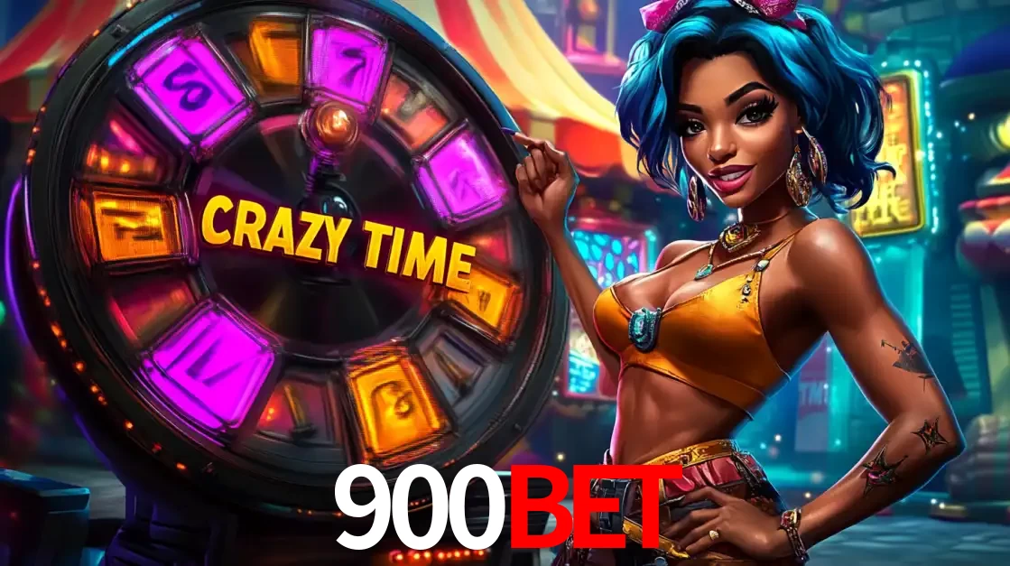 Mulher estilizada com cabelo azul e visual vibrante posando ao lado da roda de prêmios do game show Crazy Time, convidando para a diversão e os bônus do cassino 900BET.
