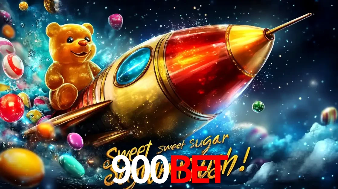 Arte promocional do jogo de slot Sugar Rush, com um urso de pelúcia em um foguete viajando pelo espaço de doces, um dos jogos divertidos disponíveis no cassino 900BET.