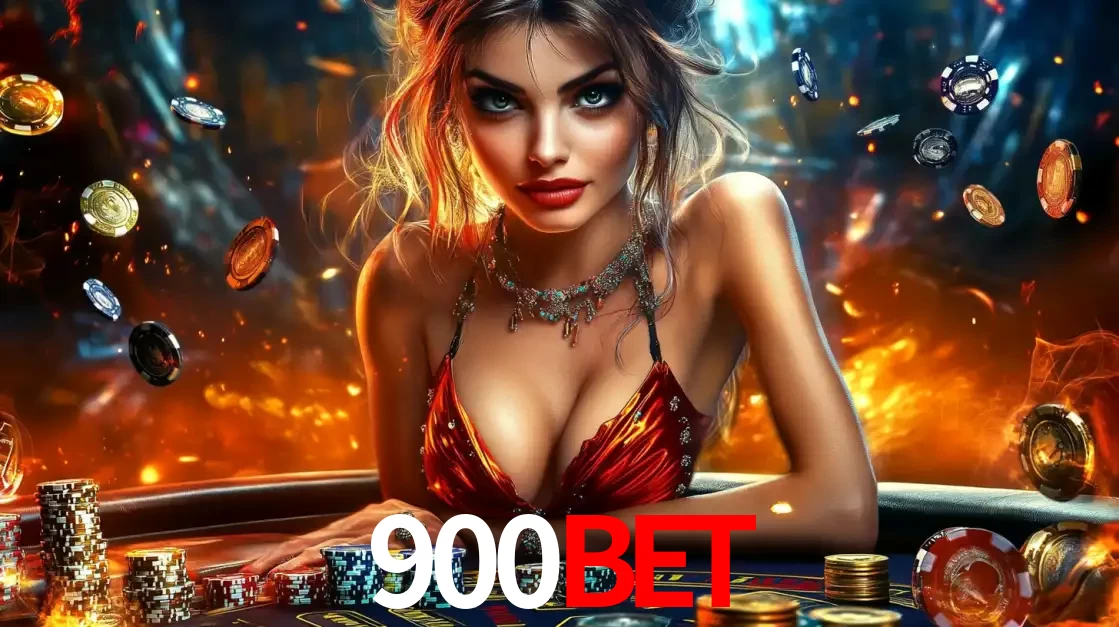 Mulher em uma mesa de cassino com pilhas de fichas e um fundo de fogo, pronta para uma rodada de altas apostas nos jogos de mesa emocionantes do cassino 900BET.