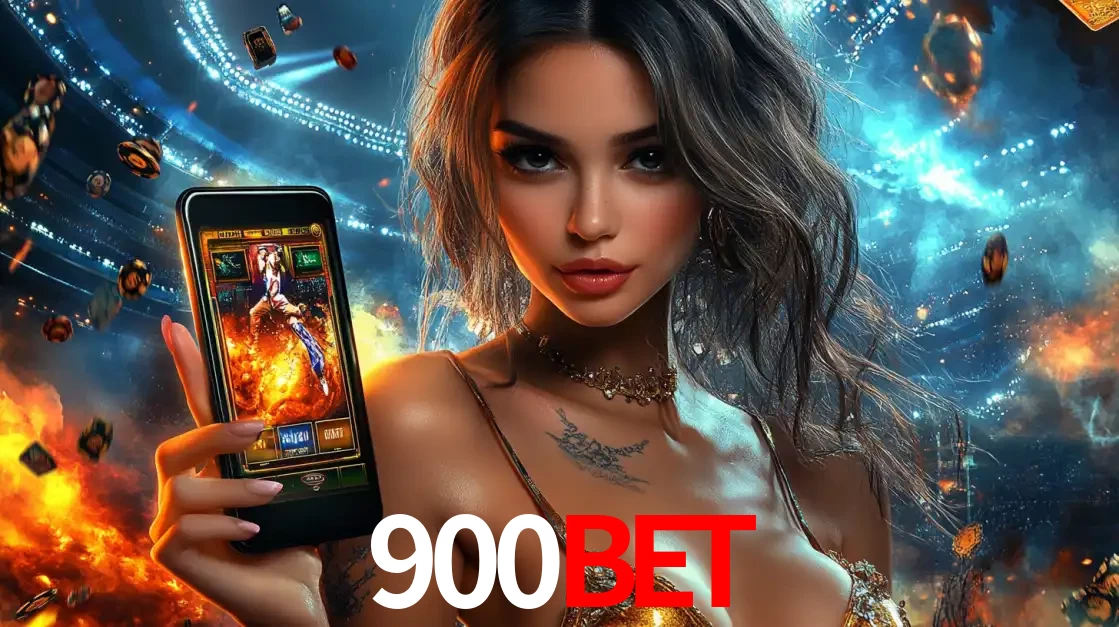 Mulher segurando um celular com um jogo de slot em destaque, tendo como fundo um estádio vibrante, simbolizando a emoção de jogar no cassino móvel 900BET.