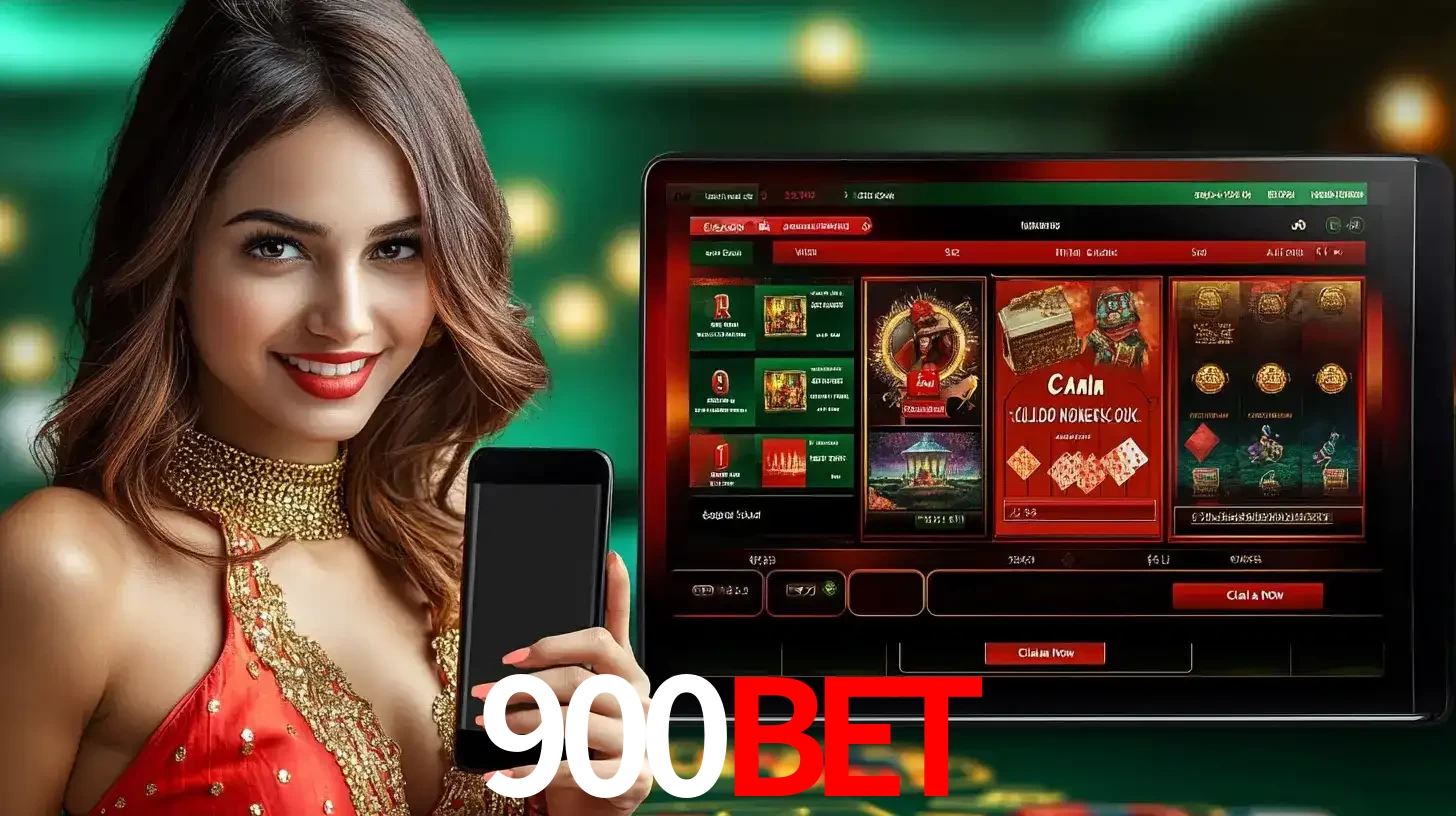 Mulher sorridente segurando um smartphone, ao lado de uma tela exibindo o lobby de jogos do cassino online 900BET, com várias opções de jogos de cartas e slots.